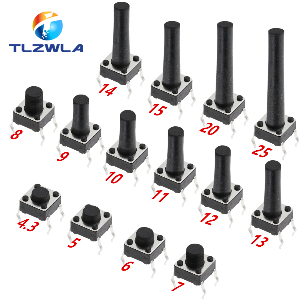 20 piezas 6x6 interruptor de botón DIP 6X6X4,3 Interruptor táctil para luz 6*6*4,3/5/6/7/8/9/10/11/12/13MM el interruptor de alimentación 4 pines