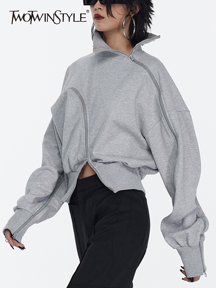 Twot winstyle solide Patchwork Reiß verschluss Streetwear Sweatshirts für Frauen Tunt lenger pullover Langarm Pullover Sweatshirt weibliche Mode