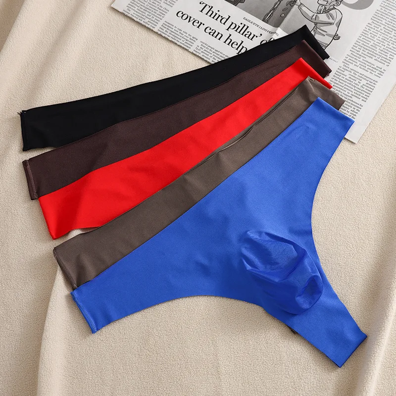 Calzoncillos con bolsa para pene para hombre, ropa interior Sexy de seda helada sin costuras, calzoncillos sin marcas, tangas con espalda en T, bolsa para bulto, bragas para hombre