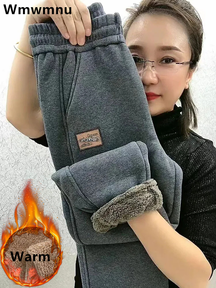 Inverno tamanho grande 6xl lã de cordeiro fluff sweatpants das mulheres casual quente harem calças engrossar velo forrado jogger baggy 90cm pantalones