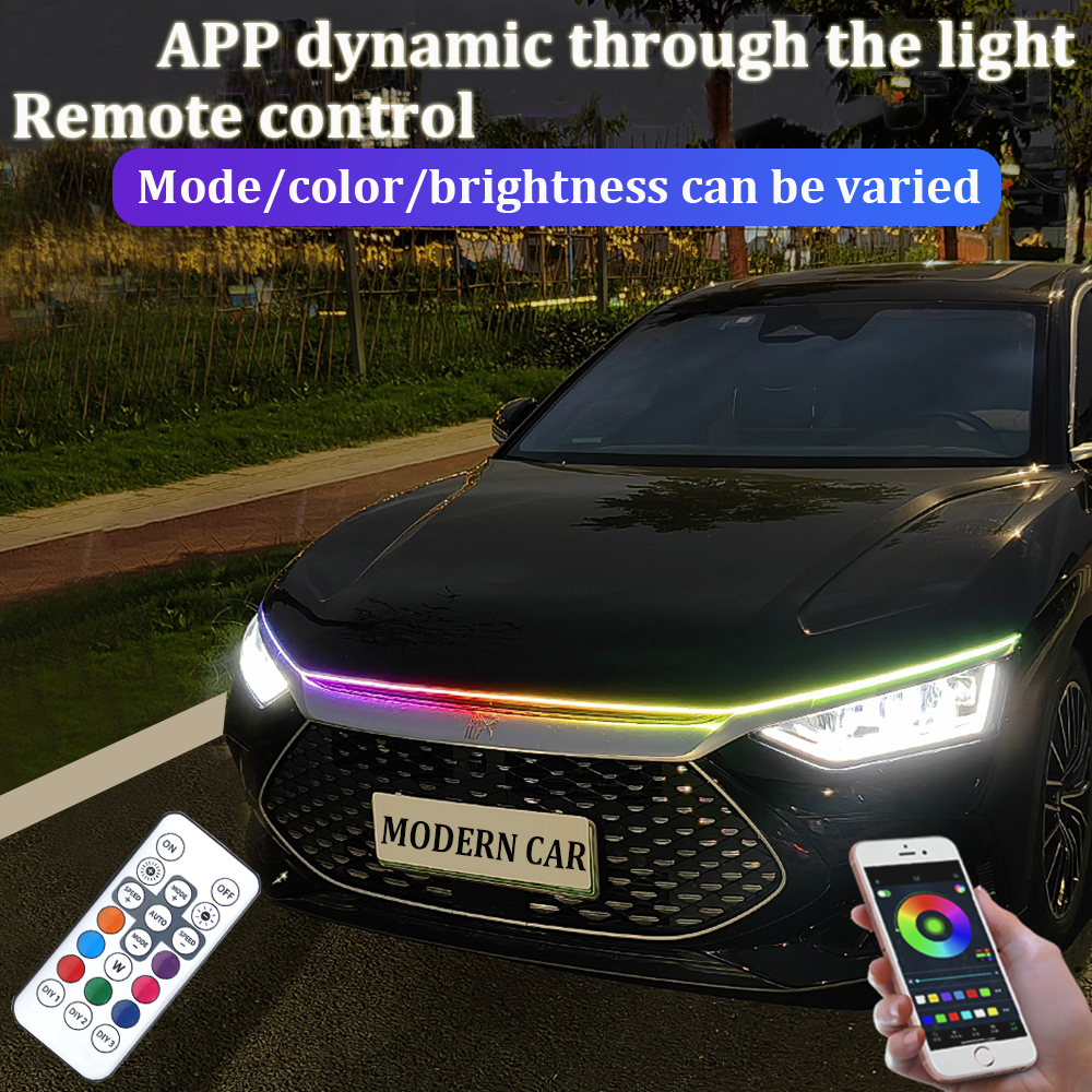 APP dinamica Luce di marcia diurna a LED RGB Lampada decorativa automatica universale colorata Indicatore di direzione Flusso Striscia per fari per cofano auto