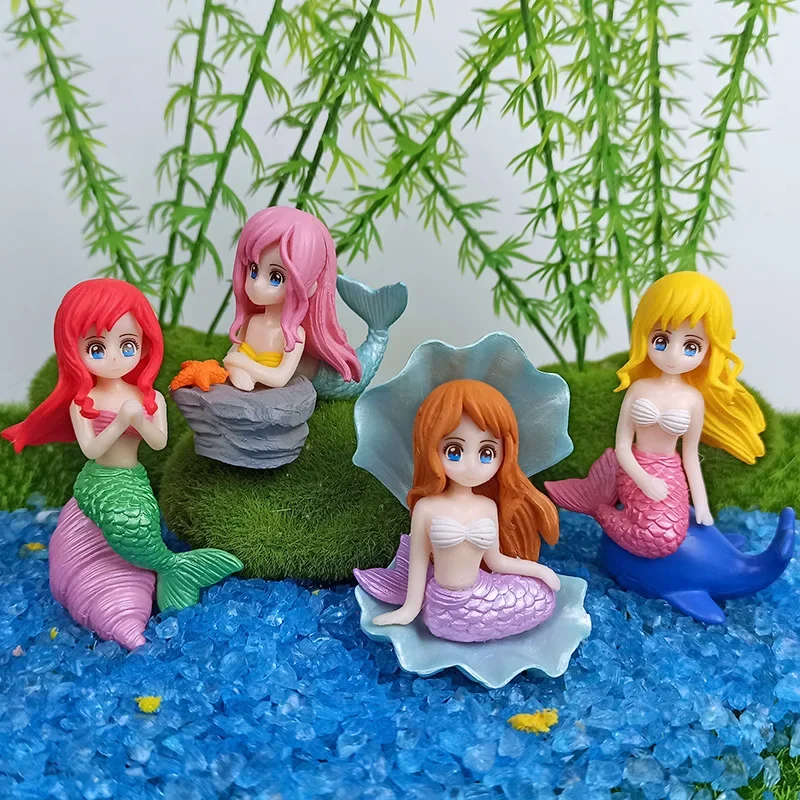 Hermosas decoraciones para acuario de sirena, estatuilla colorida de sirena de dibujos animados, adornos para pecera, decoraciones de escritorio
