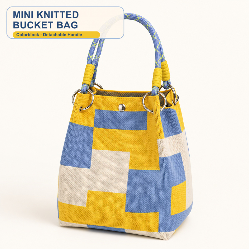 Mini Bolsa de Tricô para Mulheres, Pequena Bolsa de Mão Geométrica com Alça Destacável