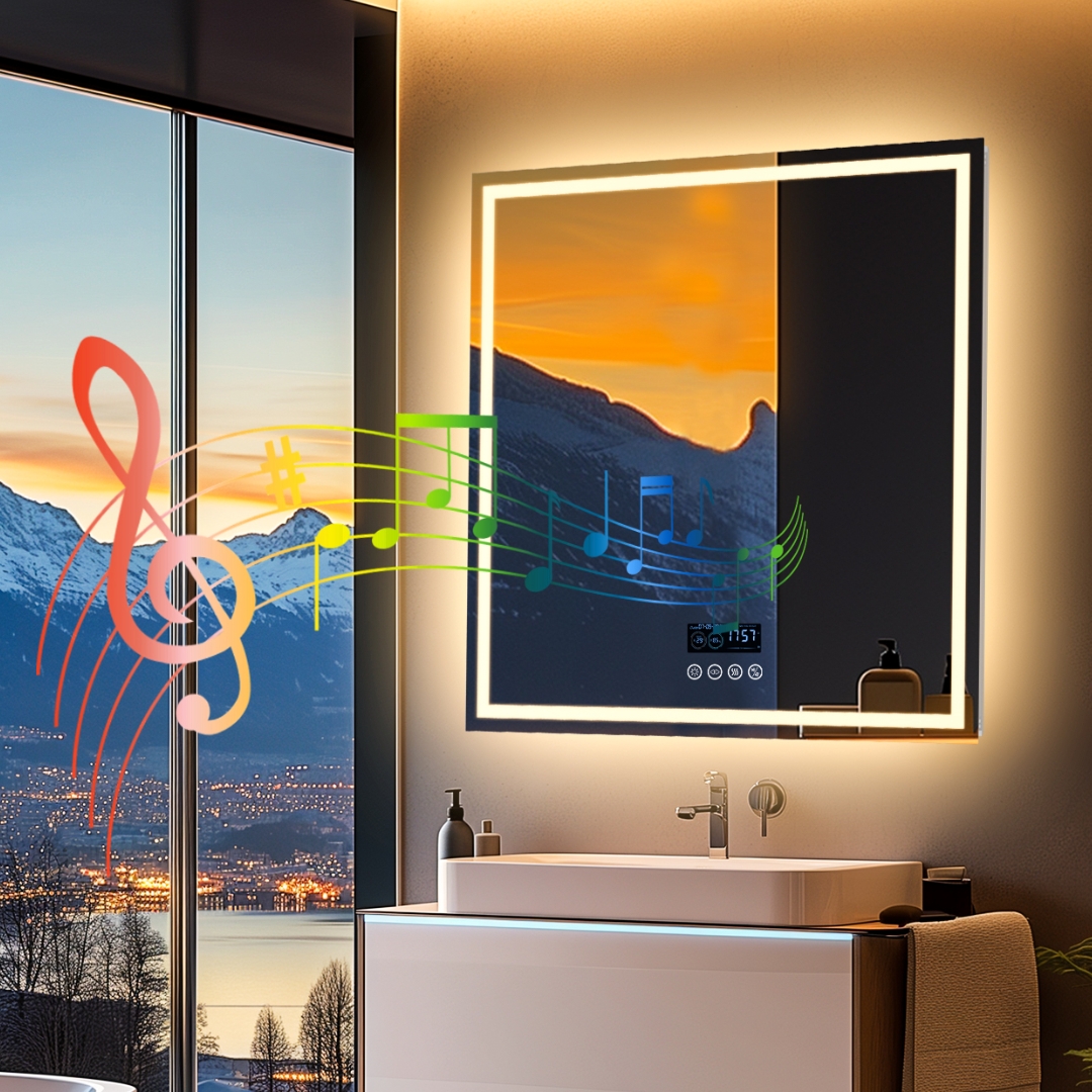 Lustro łazienkowe LED 800 mm Kwadratowe lustro ścienne z wyświetlaczem temperatury czasu Bluetooth 3 kolory z przodu i podświetleniem Pamięć przeciwmgielna