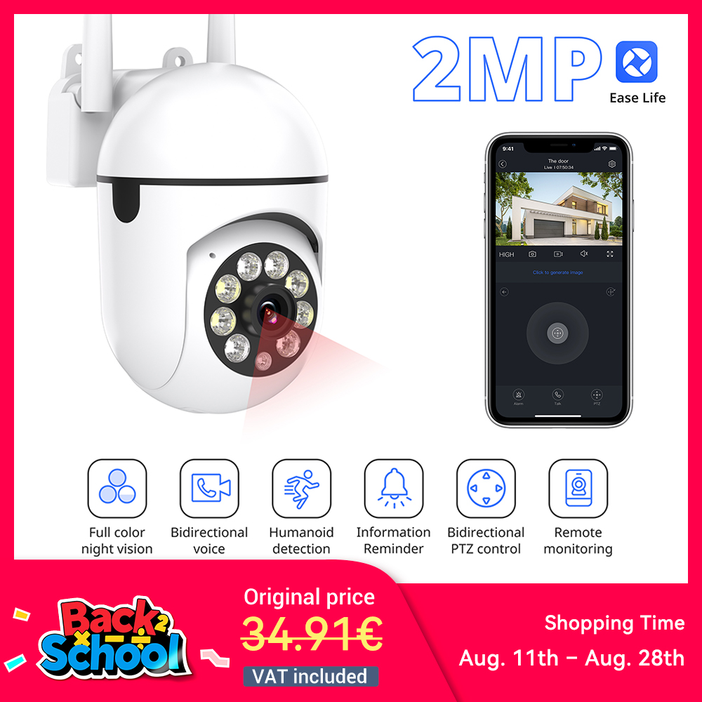 Ease Life APP Draadloze 1080P HD WiFi-beveiligingscamera voor binnen en buiten, nachtzicht in kleur, 2-weg audio, 360 °   Zwart Y108