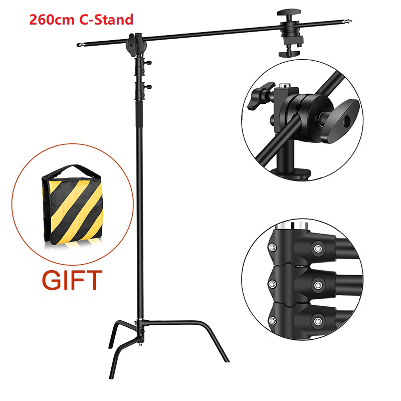 Opvouwbare lichtstandaard Zwart C-standaard Roestvrijstalen statief Magische beenfotografie C-standaard voor spotlicht, softbox SH 2,6 m / 3,3 m