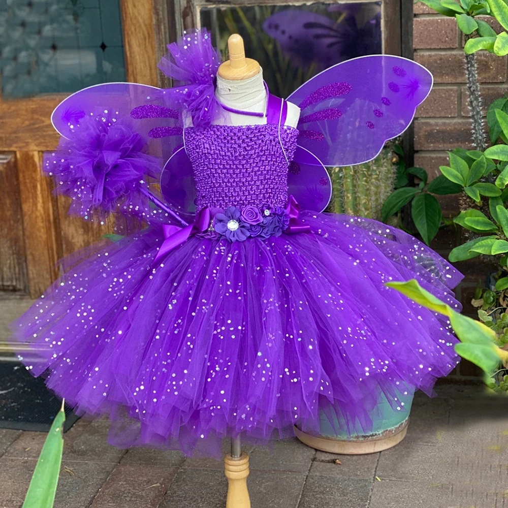 Meisjes Paarse Fee Jurk Kinderen Glitter Bloem Tutu Jurken met Vleugel Stok Hairbow Kinderen Verjaardag Halloween Party Kostuums
