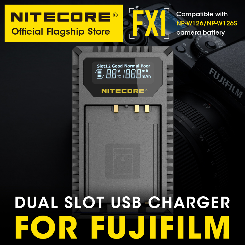 Nitecore fx1 kamera ladegerät dual slot usb lcd intelligentes ladegerät ausgang 1000mah für fujifilm NP-W126 NP-W126S batterie finepix
