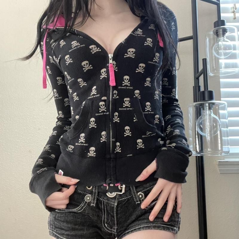 Cárdigan con estampado de esqueleto gótico para mujer, Sudadera con capucha en contraste, chaqueta Punk, otoño Y2k, nueva Sudadera con capucha ajustada con cremallera, ropa Kawaii