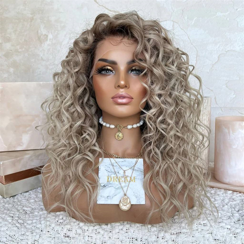 Peluca con malla frontal rizada suelta rubia ceniza pelucas sintéticas de mujer Futura sin pegamento cosplay pelucas de línea de cabello Natural venta liquidación Freepart