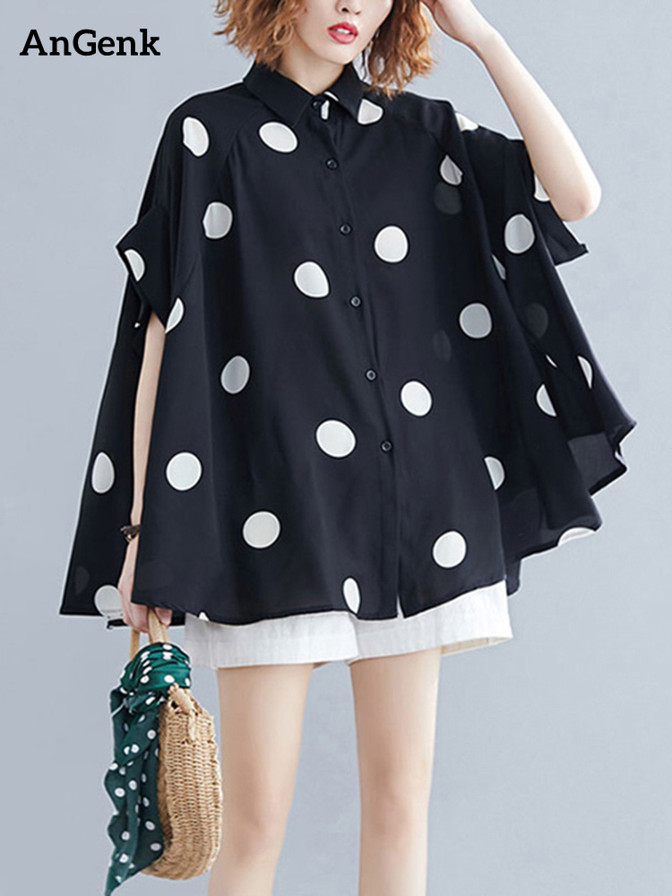 Blusa Negra Vintage con Estampado de Puntos para Mujer, Nueva Camisa Casual Holgada de Chifón con Solapa y Manga Corta, Tops de Moda para Verano 2026