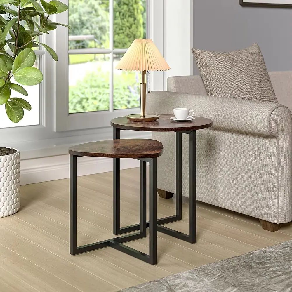 Bruine Ronde En Driehoekige Houten Tafelblad Nesteltafel Modern Salontafel Nachtkastje