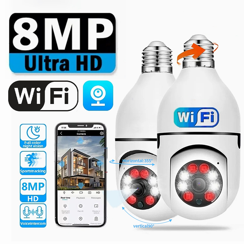 8MP E27 전구 Wifi 감시 카메라 실내 4X 디지털 줌 AI 인간 감지 풀 컬러 야간 투시경 무선 카메라 스마트 홈