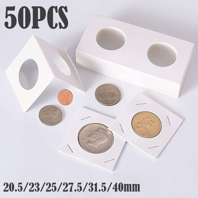 50 pçs caixa de papelão quadrado álbum de moedas moeda comemorativa clipe protetor de papel moeda suprimentos armazenamento 20.5/23/25/27.5/31.5/40mm