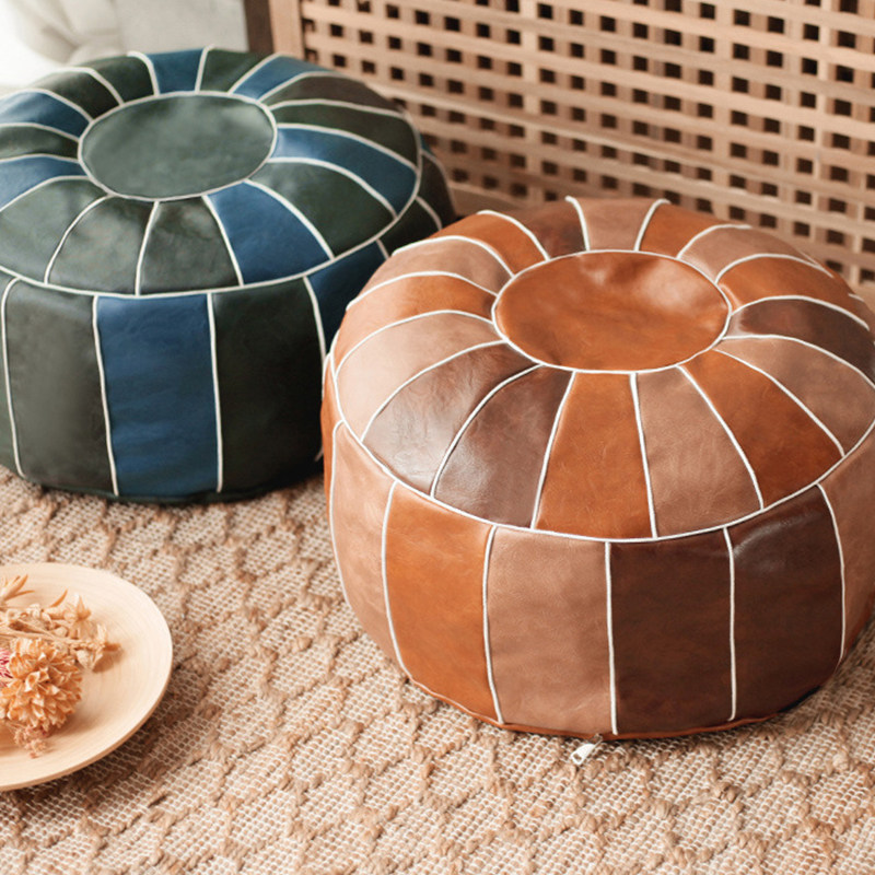 Funda de asiento de cuero Artificial PU redonda marroquí, cojín de PUF bordado sin relleno, decoración para sala de estar, funda para reposapiés otomanos y futón