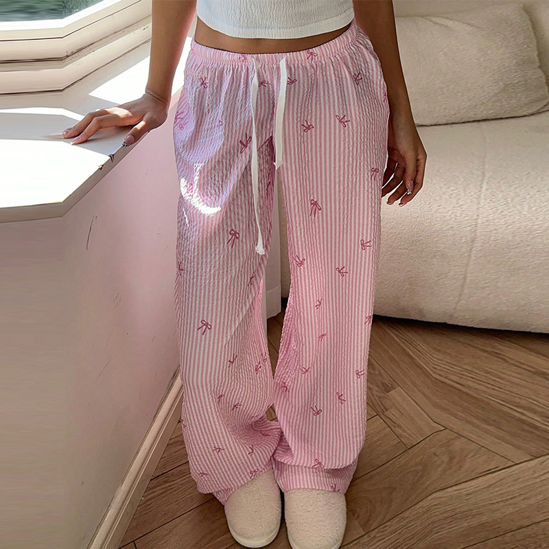 Pantalones Deportivos de Verano para Mujer, Color Rosa, con Lazo, Pierna Ancha, Cintura Elástica, con Cordones, Transpirables y Holgados