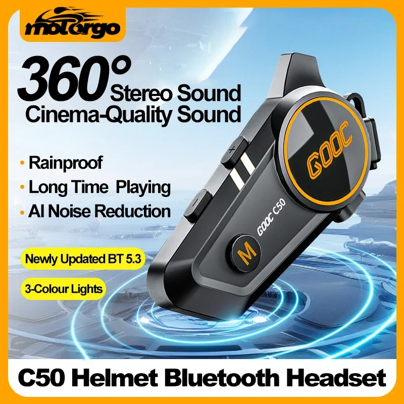 Bluetooth-гарнитура для мотоциклетного шлема C50, версия 5.3, с трехцветной подсветкой, водонепроницаемость IPX6, поддержка одновременного подключения двух телефонов.