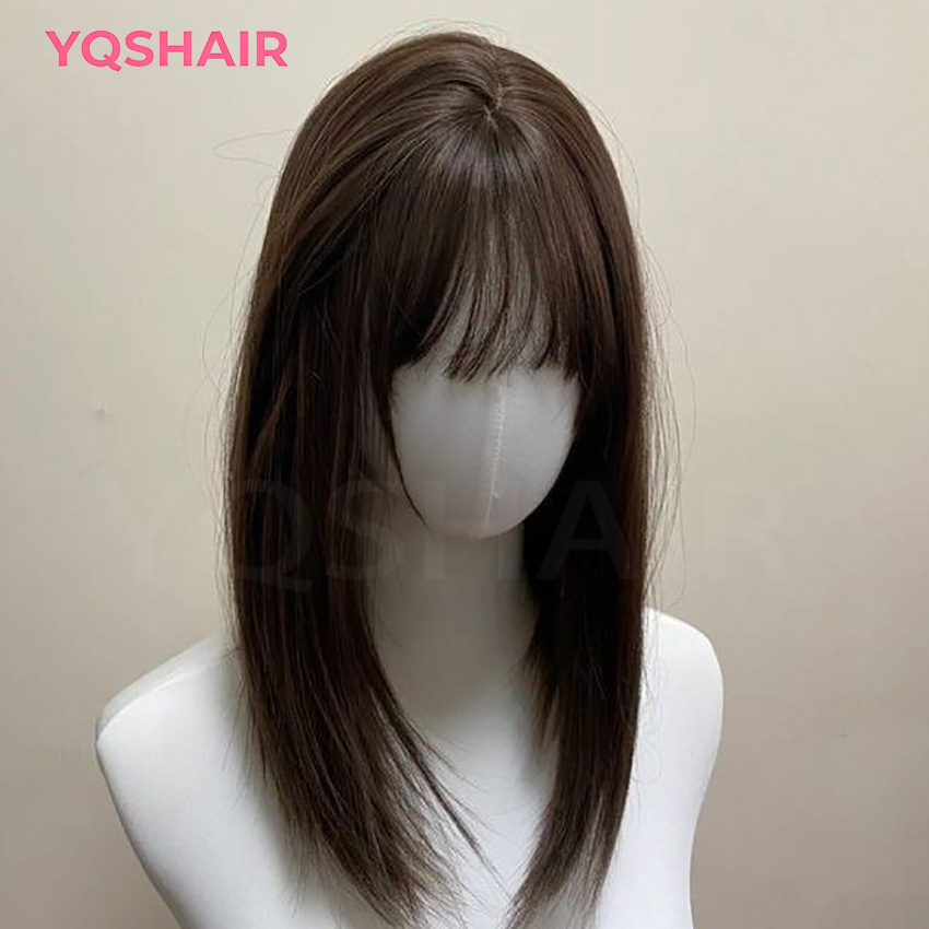 2 #   Marrón oscuro con flequillo 6x6 "base de seda peluca superior sin pegamento para mujeres 24 pulgadas Remy 100% pelucas de cabello humano con red elástica PU alrededor
