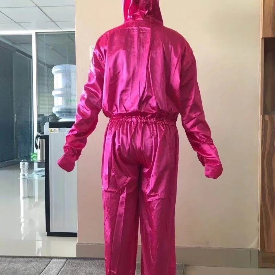 男性女性ピンク長袖フード付きジャンプスーツシルキータッチシャワー使用酵素