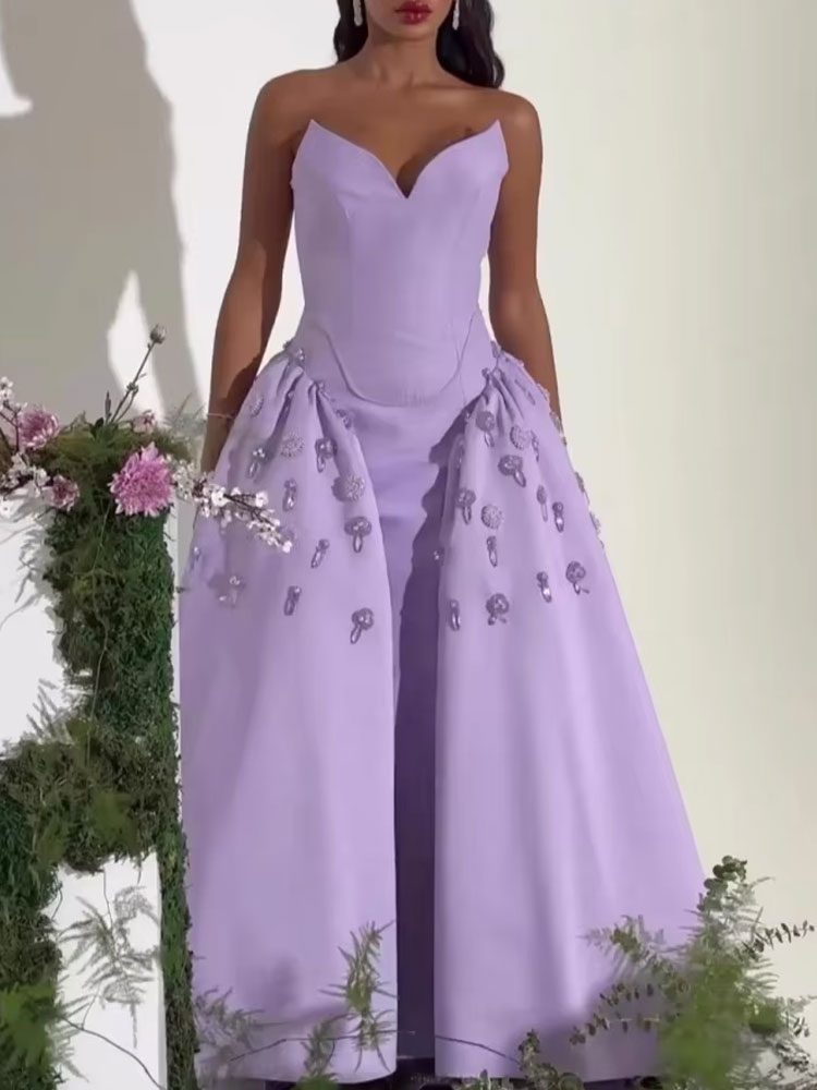 Elegant Ladies Strapless Beading Ball Dress Floor Length  Satin Evening Dress Pure Color Formal Occasion Gowns Customized