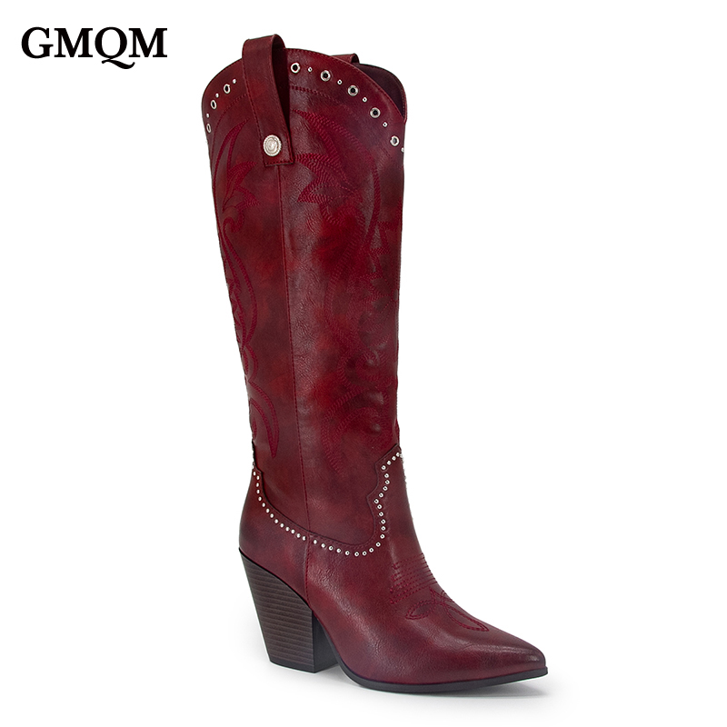 Gmqm 2025 novas botas de cowboy estilo ocidental feminino sexy vermelho joelho-alta zíper botas com salto grosso apontou toe e bordado