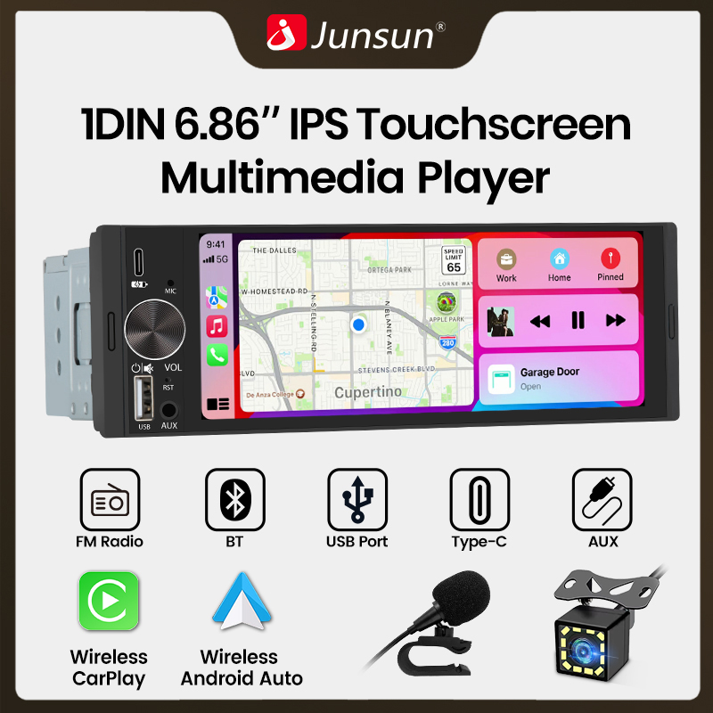 Junsun Autoradio Universale 1 Din da 6,86 Pollici, Lettore MP5, Carplay Wireless, Android Auto, Multimedia per Auto, Telecamera Posteriore, Display Touch IPS 1280*480, Mirror Link, Navigazione GPS, Siri, BT, SWC, FM, Microfono, AUX, USB Type-C, Autoradio
