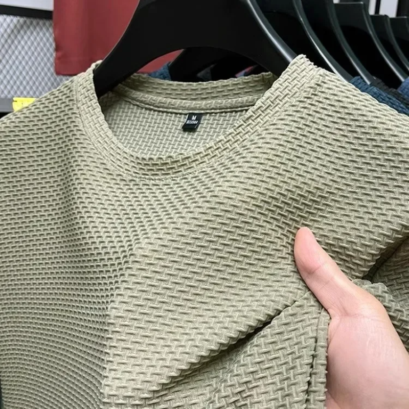 Camiseta de seda de hielo de bambú de malla de manga corta para hombre, Top informal versátil de verano con efecto adelgazante elástico para hombre