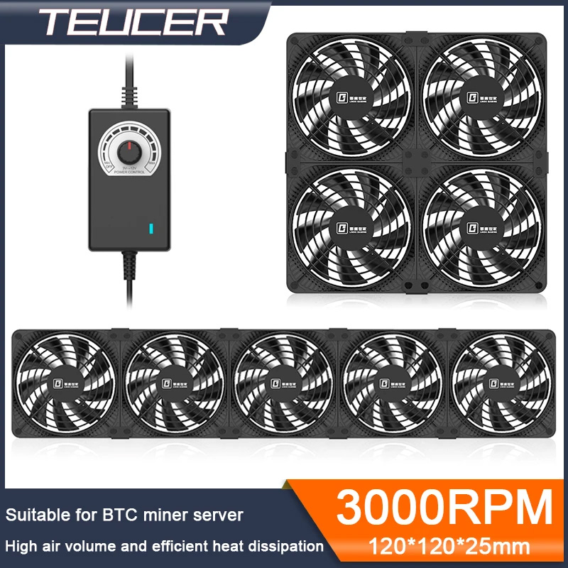 TEUCER 3000 Vòng/phút Lớn 120MM Khối Lượng Không Khí 220V Btc Khai Thác Máy Máy Trạm Tủ; Máy Chủ Hệ Thống Làm Mát Quạt kèm Adapter