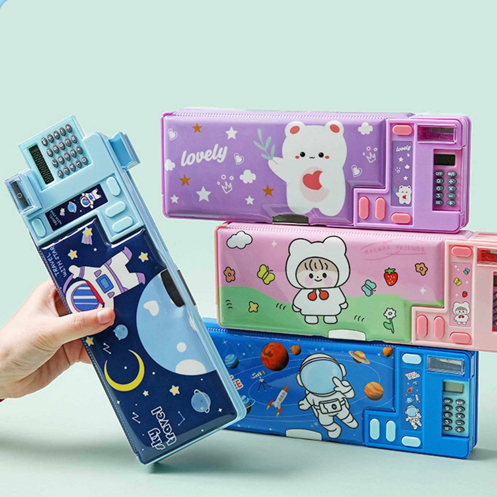 Caixa organizadora de papelaria de plástico unicórnio urso astronauta papelaria lápis caso presentes escolares para crianças adolescentes suprimentos