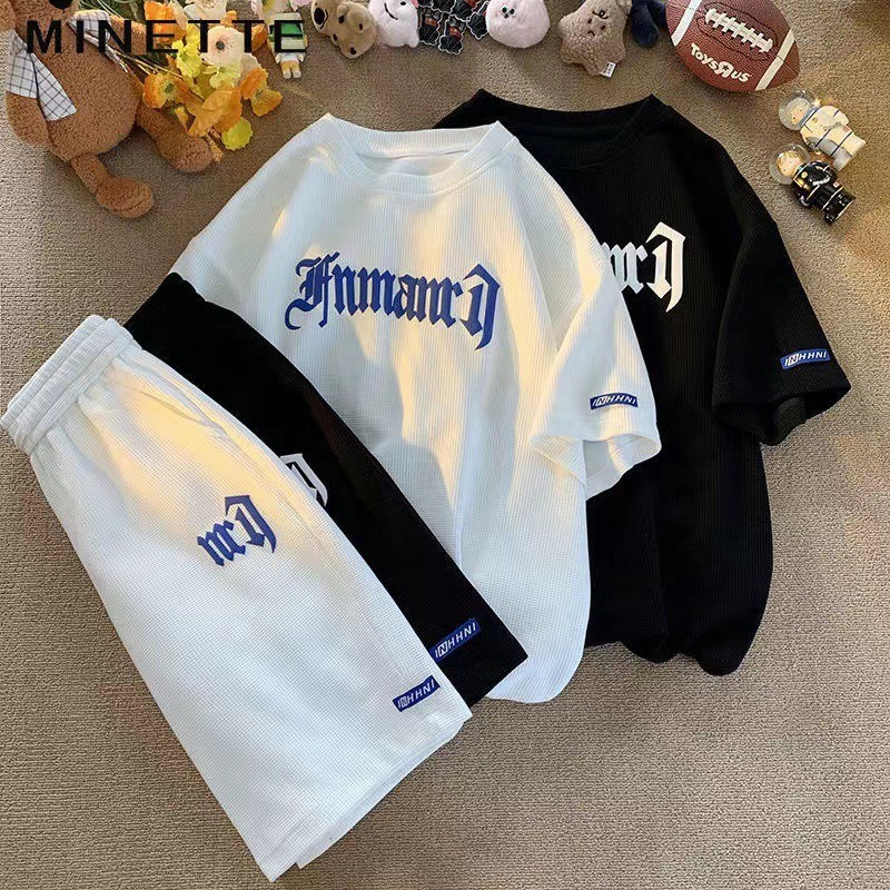 Cross-border waffle casual verão gelo seda de manga curta conjunto de roupas esportivas masculinas camiseta conjunto de roupas masculinas combinando