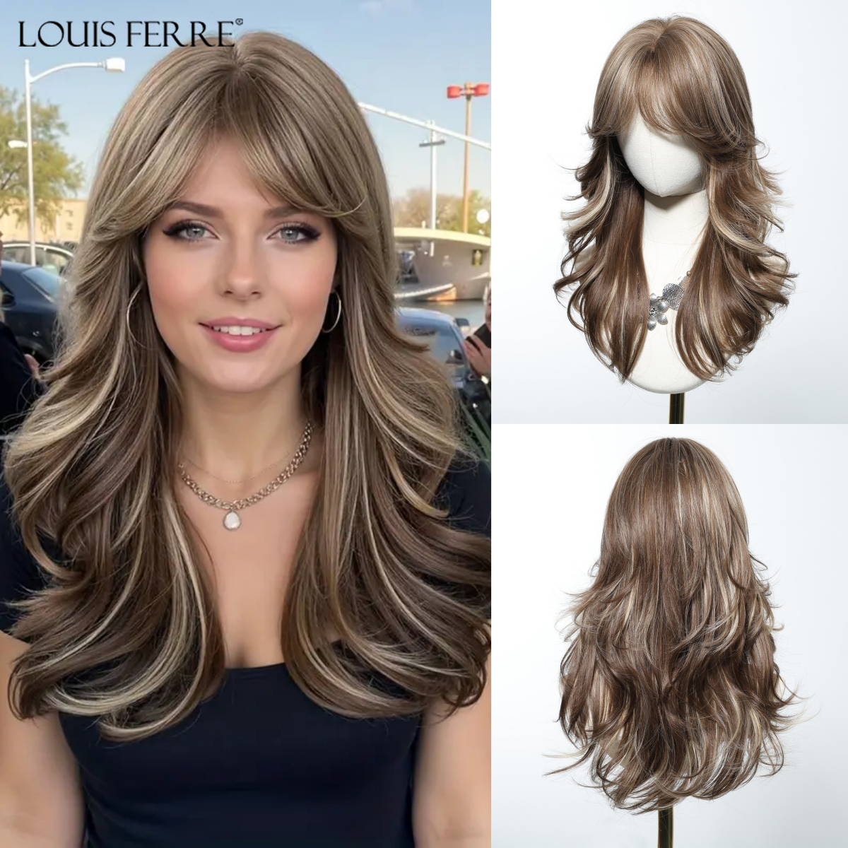 LOUIS FERRE สีน้ําตาลสีบลอนด์ไฮไลท์วิกผมสังเคราะห์ด้านข้าง Bangs ยาว Wavy Layered ผมวิกผมสําหรับผู้หญิงทุกวันคอสเพลย์วิกผม