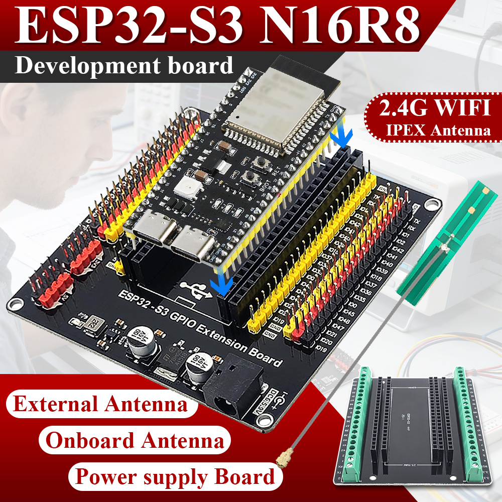Placa de Desarrollo ESP32-S3 con Kit Adaptador de Expansión, Módulo Wifi 2.4G, BT, MCU ESP32-S3WROOM1 N16R8, 44 Pines, Tipo-C, ESP32-S3