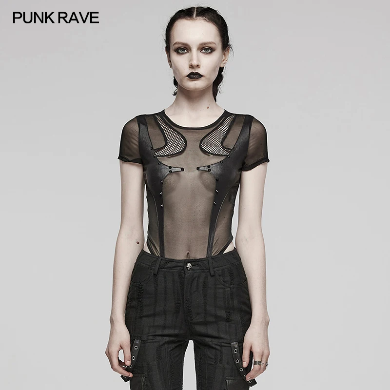Punk Rave Dames Punk Sexy Elastische Mesh Splicing Bodysuit Afneembare Snap Zwarte Tops Vrouwen Kleding Zomer