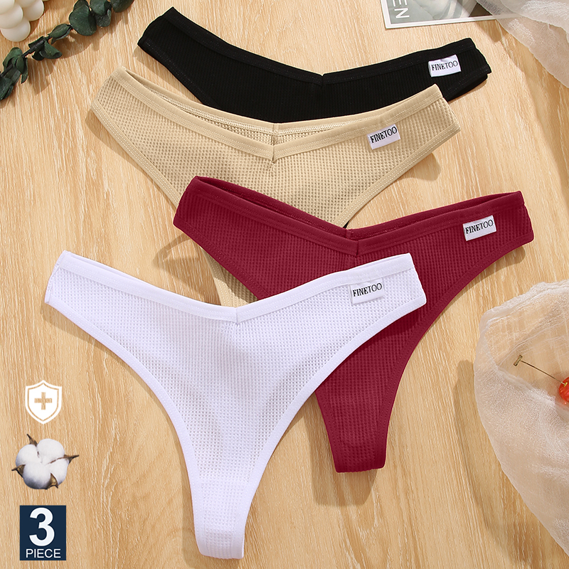 FINETOO 3 pièces/ensemble culotte string gaufrée coton sous-vêtements pour femmes culottes Sexy femme caleçon string taille V Pantys Lingerie