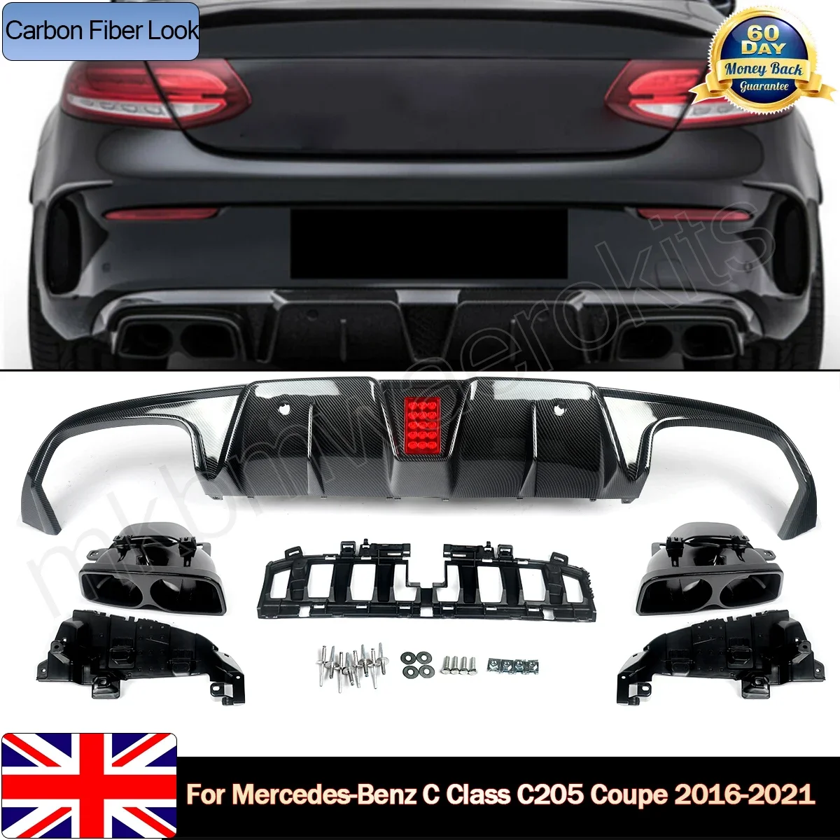 Difusor de carbono para Mercedes C205 AMG Coupe, difusor Real y puntas de silenciador negro