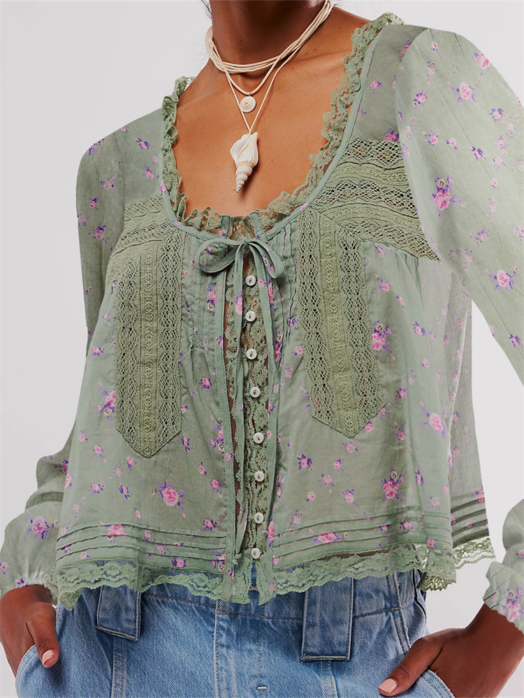 CHRONSTYLE Frauen Langarm Tops Lose Beiläufige Spitze Patchwork Taste Tie-up Shirts Floral Ästhetischen Blusen Club Streetwear 2025