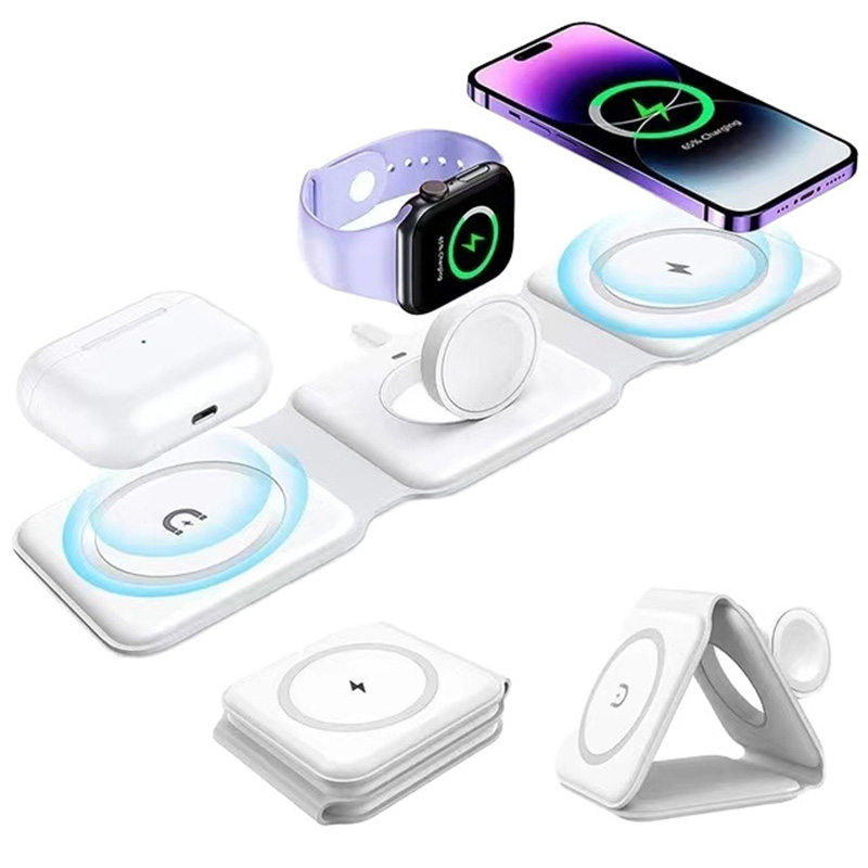 Cargador inalámbrico plegable magnético 3 en 1, carga rápida de 15 W, USB tipo C, para teléfonos, relojes y auriculares