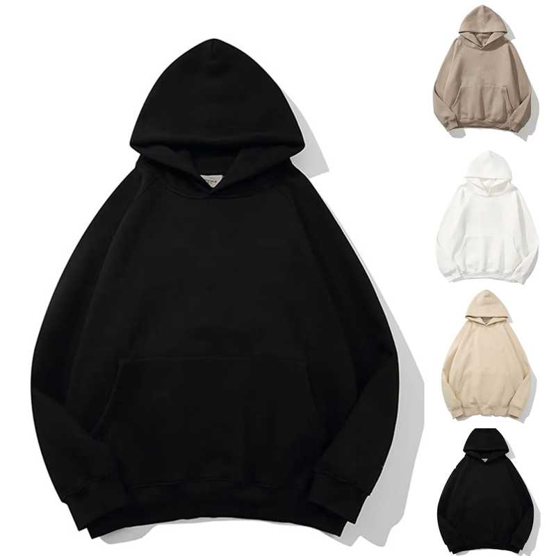 Nueva ropa de calle, Sudadera con capucha para hombre, Color sólido, básica, holgada, negra, sudadera con bolsillo de manga larga para mujer, sudaderas con capucha