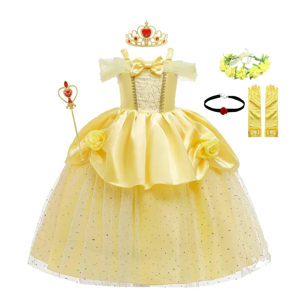 Костюмы для косплея Belle для девочек, платья для девочек для красоты, детская праздничная одежда, волшебная корона, детское желтое платье и чудовище