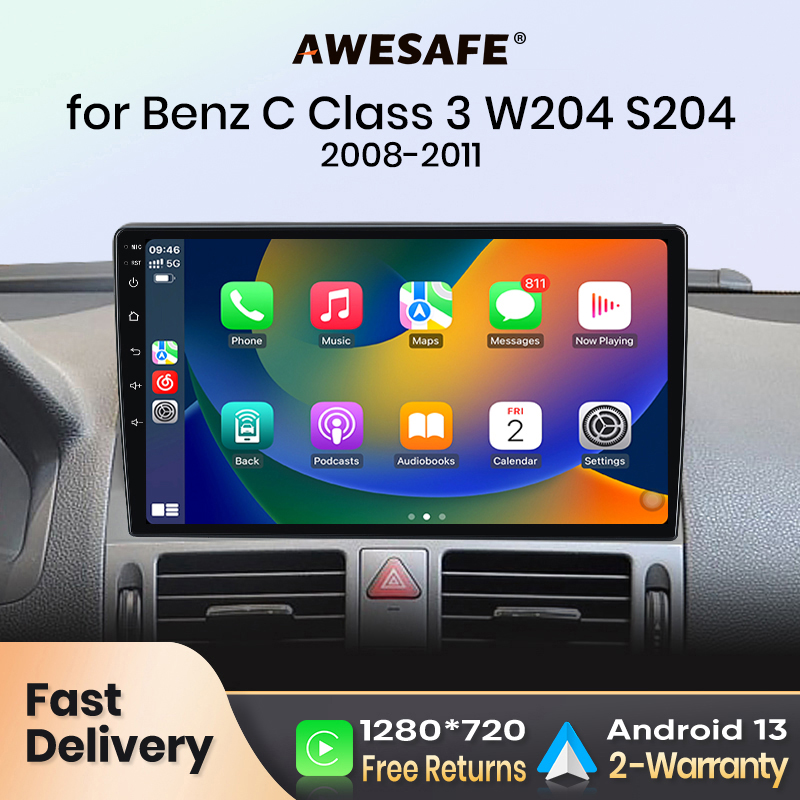 AWESAFE PX9 bezprzewodowe CarPlay Autoradio dla Mercedes-Benz C-klasa W204 S204 2007-2010 Radio samochodowe z systemem Android Auto Auto inteligentny