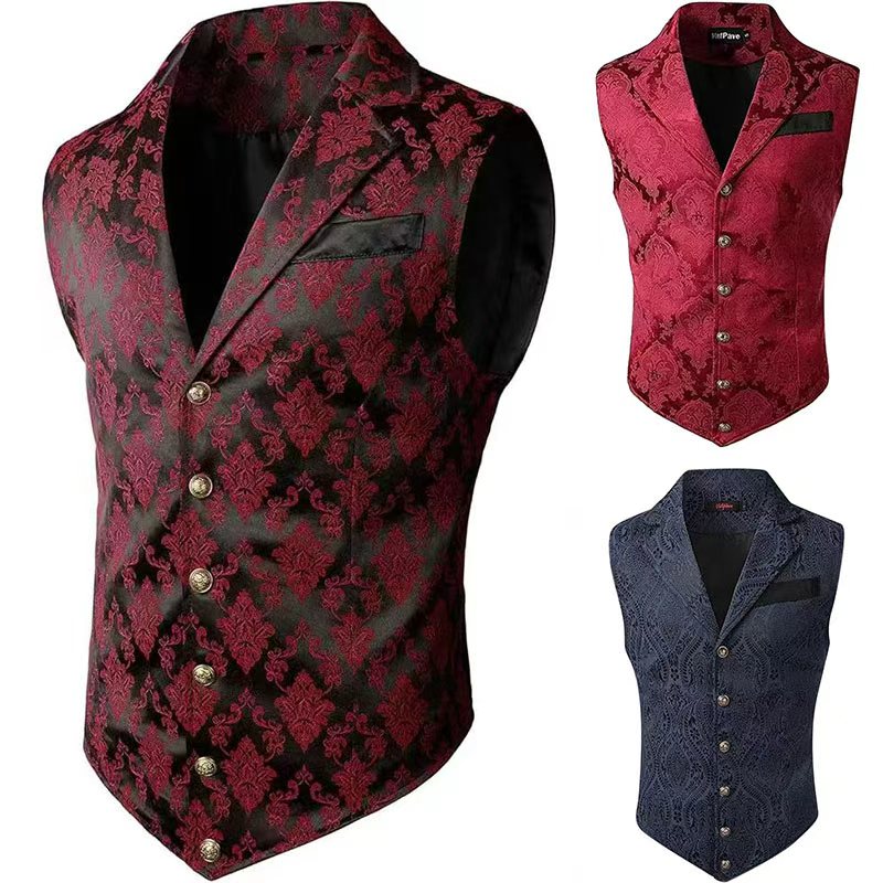 Gilet de Costume Homme Jacquard Floral Victorien, Col Revers, Simple Boutonnage, Coupe Slim, Idéal pour Mariage, Banquet et Soirée