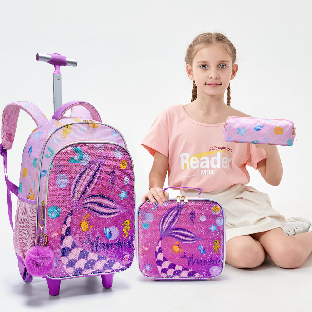 Conjunto de 3 peças BLING BABIES, mochila com rodinhas para meninas, linda mochila com rodinhas de lantejoulas de sereia para estudantes do ensino fundamental