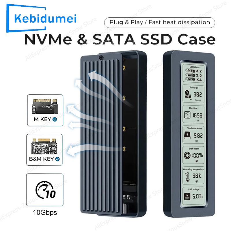 Boîtier SSD M.2 NVMe SATA avec écran d'affichage intelligent, boîtier de disque USB3.2 Gen2 10 Gbps, boîtier SSD M.2 numérique intelligent