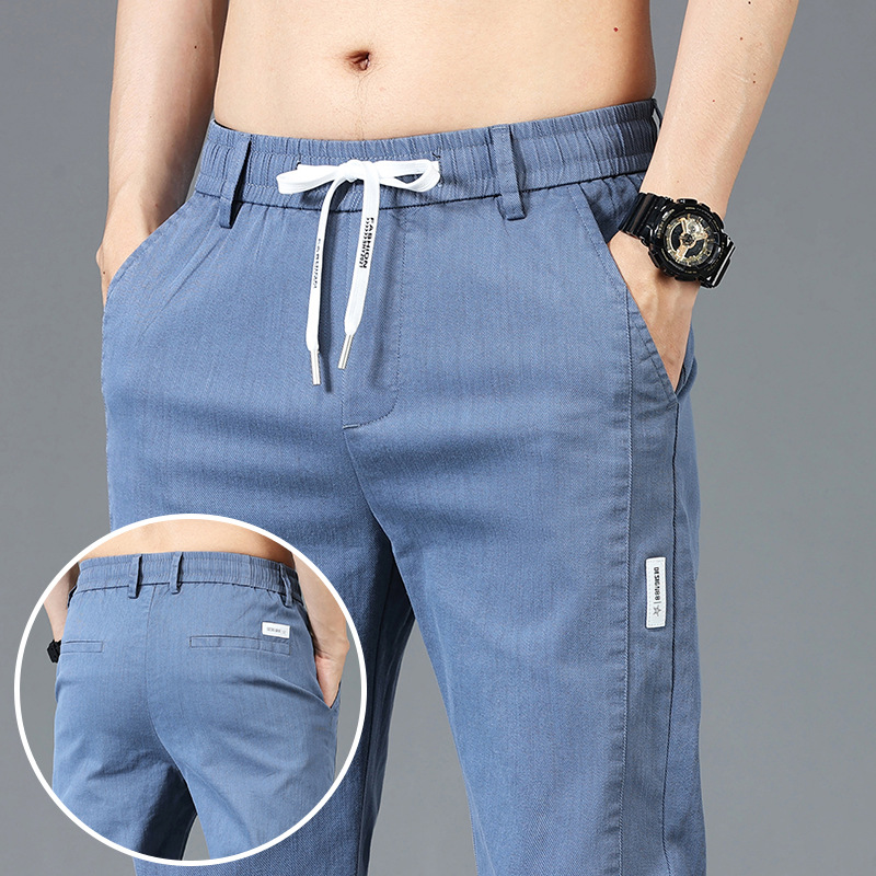 Moda masculina retalhos impressão calças casuais 6 cores marca elástica magro calças retas meados de cintura conforto calças de cor sólida