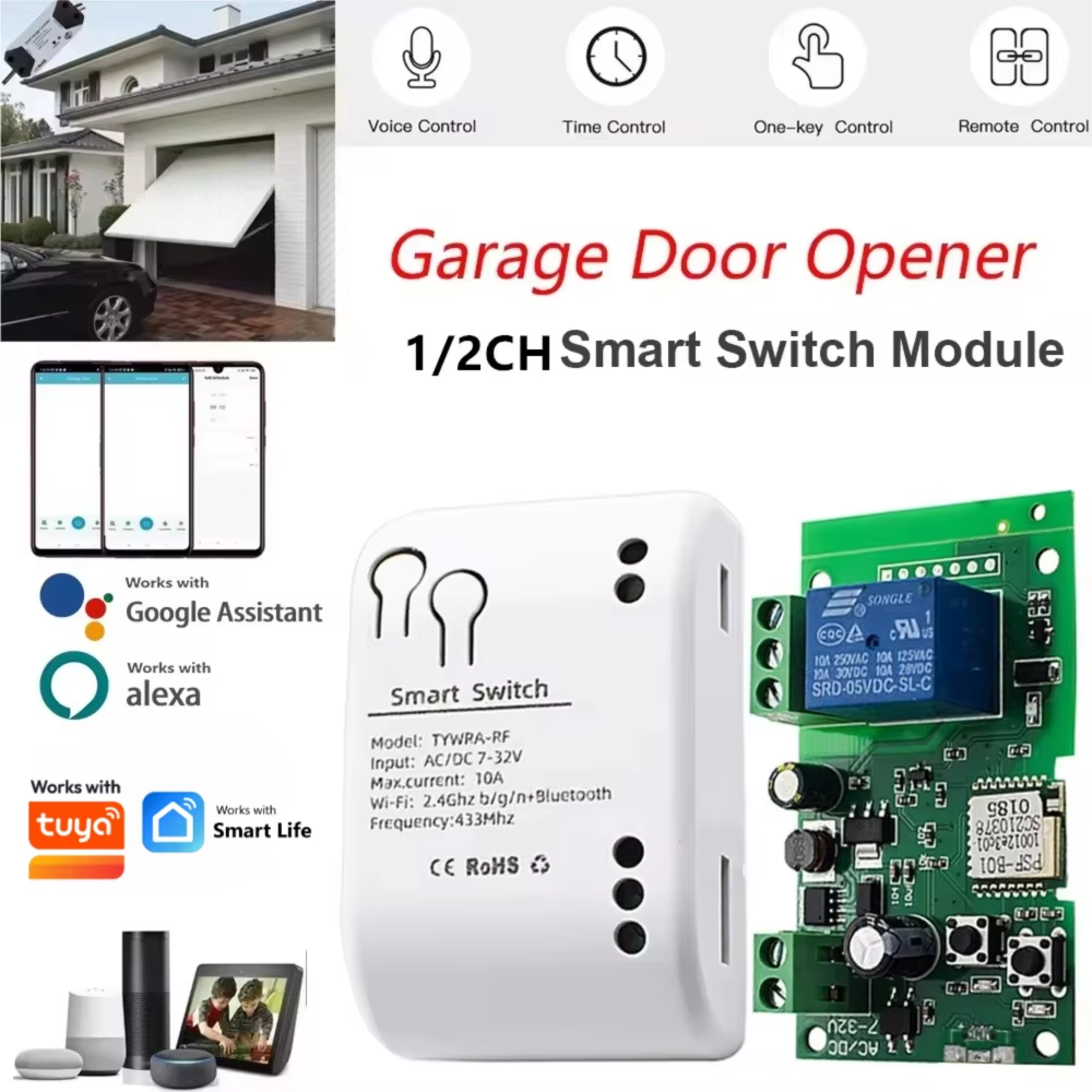 WIFI Puerta de garaje inteligente Puerta de garaje eléctrica Interruptor de motor DC 12V 24V 32V AC 220V 1/2CH Módulo de relé de pulso RF433 Remoto Funciona con Tuya Alexa
