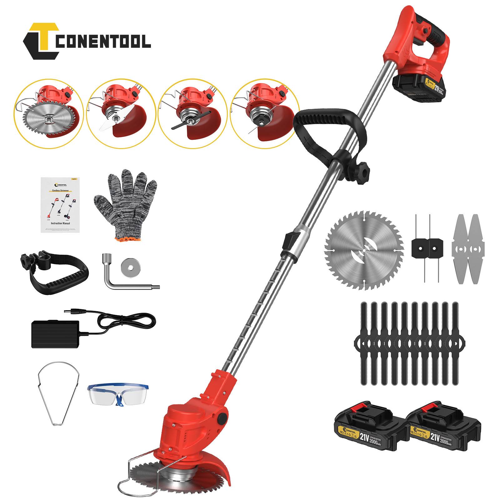 Conentool 21v cortador de lâmina de metal, aparador telescópico sem fio, 2x2000mah bateria aparador elétrico cortador de grama aparador de grama