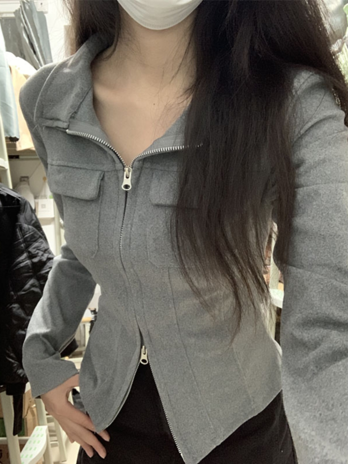 グレーダブルジッパー襟長袖 Tシャツ女性の春秋スリムフィットインナーウェアベースシャツポロネックジッパースタイル