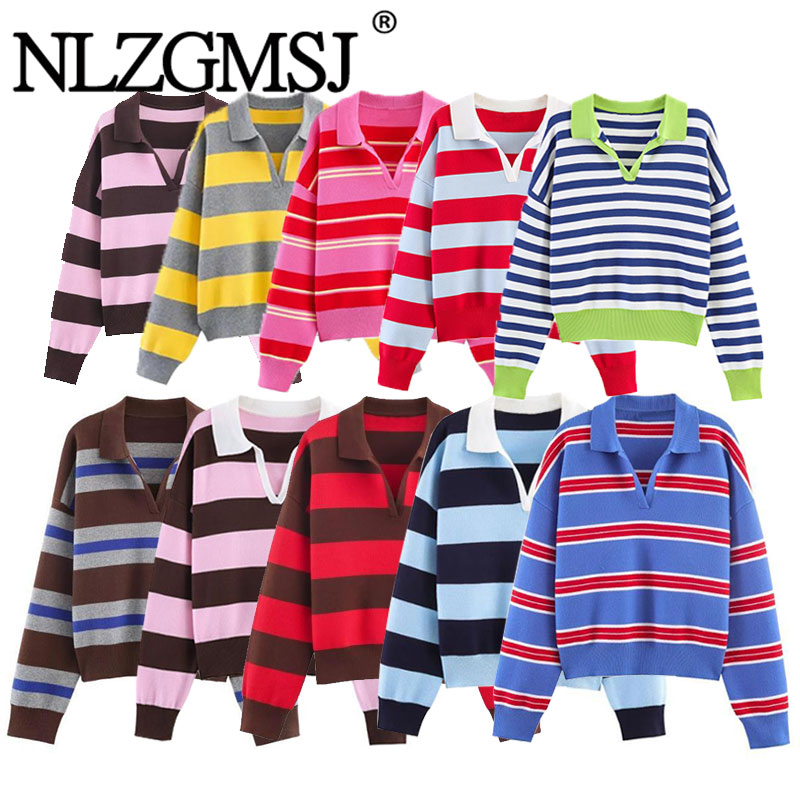 Nlzgmsj 2025 automne haute rue Chic femmes rayé tricoté chandails femmes à manches longues Style Vintage hauts