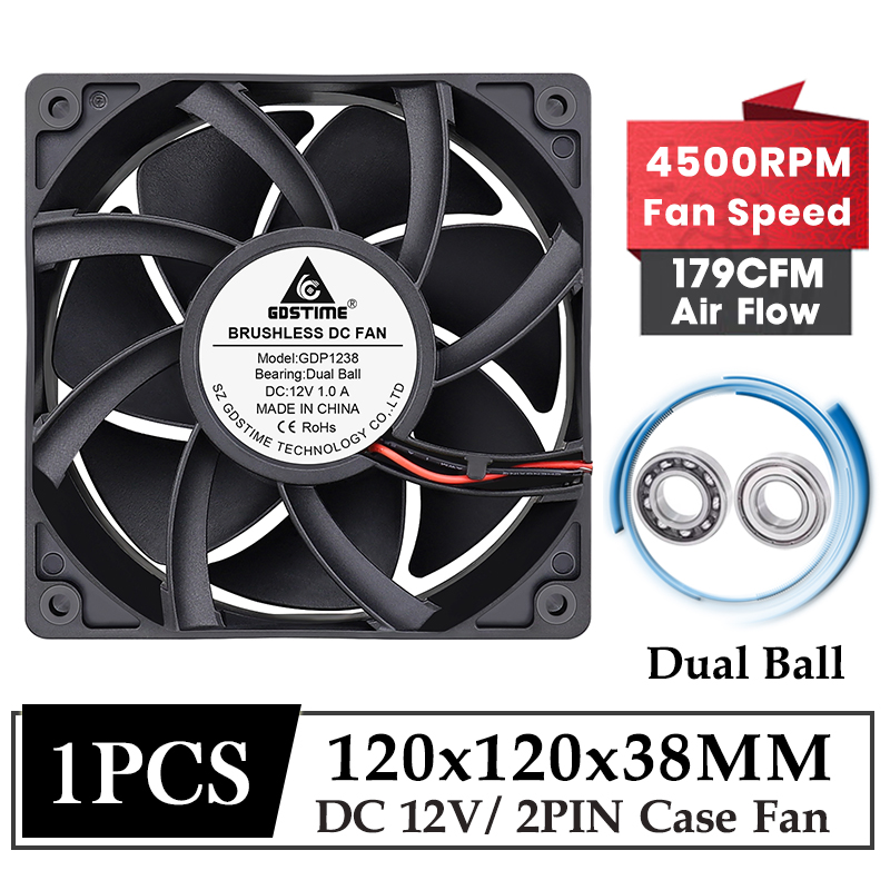 Gdstime Dc 12V Ventilator 120Mm Koeler Ventilator 120Mm * 38Mm Dubbele Bal Borstelloze Koelventilator 12038 Hoge Snelheid 4500Rpm 2pin Behuizing Cpu Ventilator