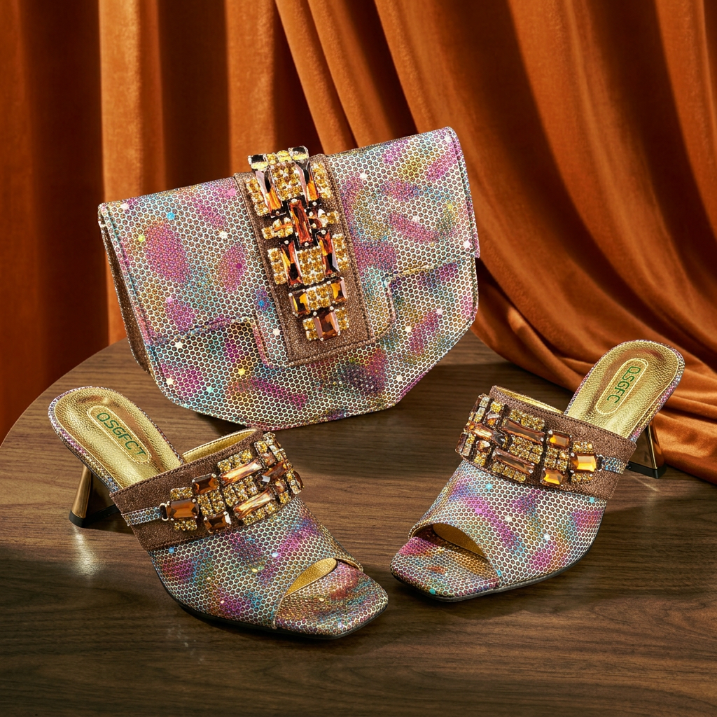 Nieuw binnen: elegante, kleurrijke schoenen met strass steentjes en metalen design, aparte hoge hakken, peeptoe model, inclusief bijpassende tas voor feestjes en bruiloften.